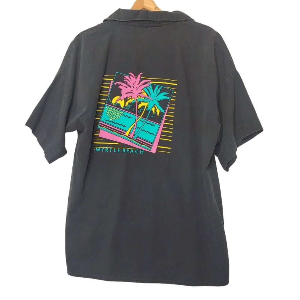 Vintage Myrtle Beach South Carolina Mens XL Camp Shirt Button Up Black Ocean USA